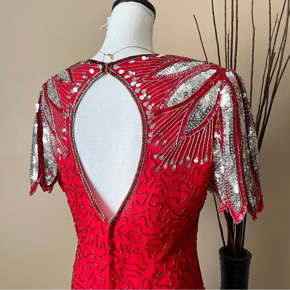 LAURENCE KAZAR | VINTAGE Red Pure Silk Sequin Open Back Cocktail Dress Sz M - Image 9