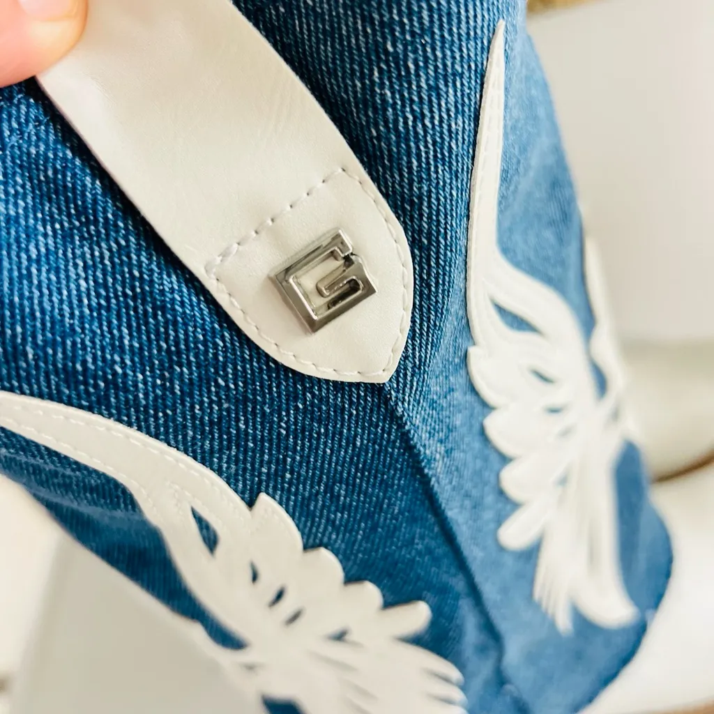 Guess  Denim Blue and White Winged Heeled Boots - Image 7