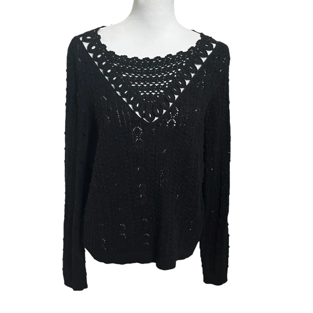 SEZANE Trecy Crochet Knit Sweater Black Pullover Women’s Size Medium Cotton - Image 3