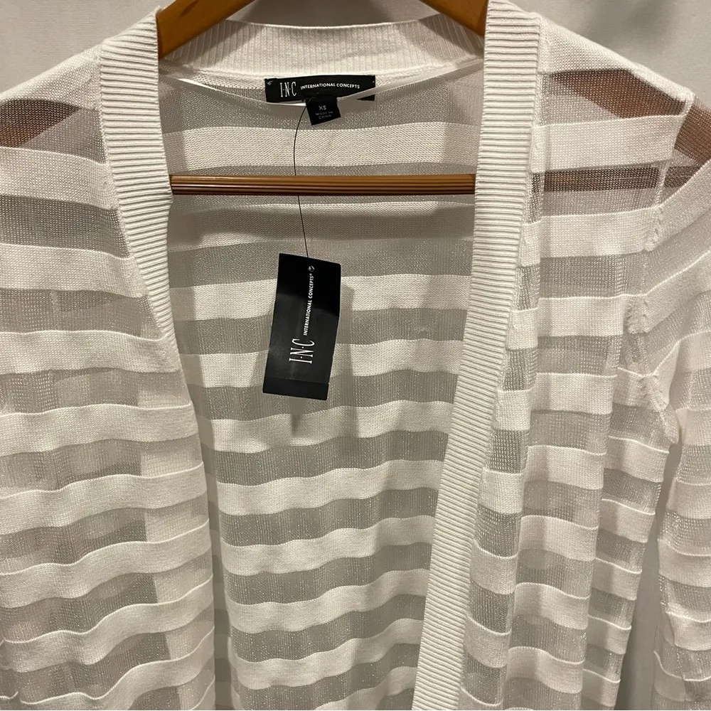 Gorgeous NWT white mesh stripe lightweight maxi sweater INC cardigan Size XS - Image 8