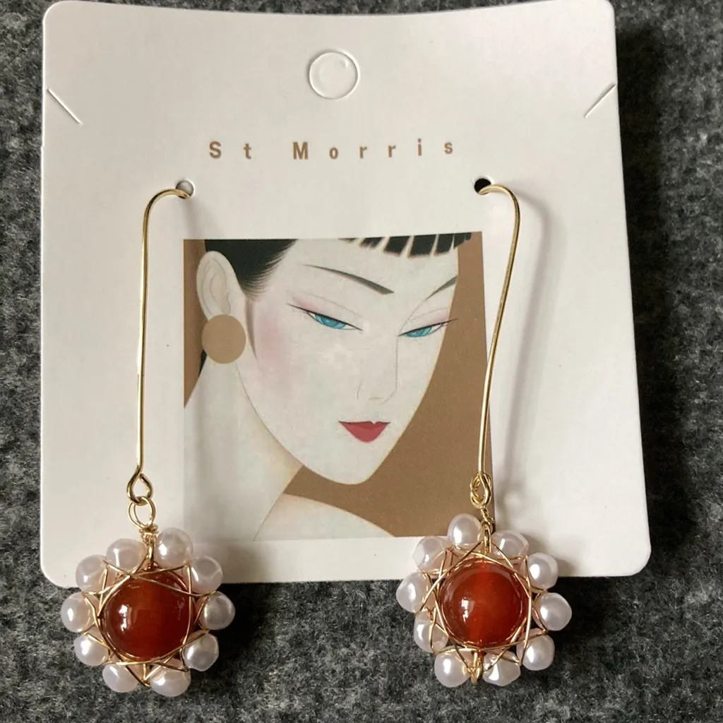 Gold Hook Earrings with Pearl & Carnelian Beads –‎ Handmade Dangle Style - Image 7