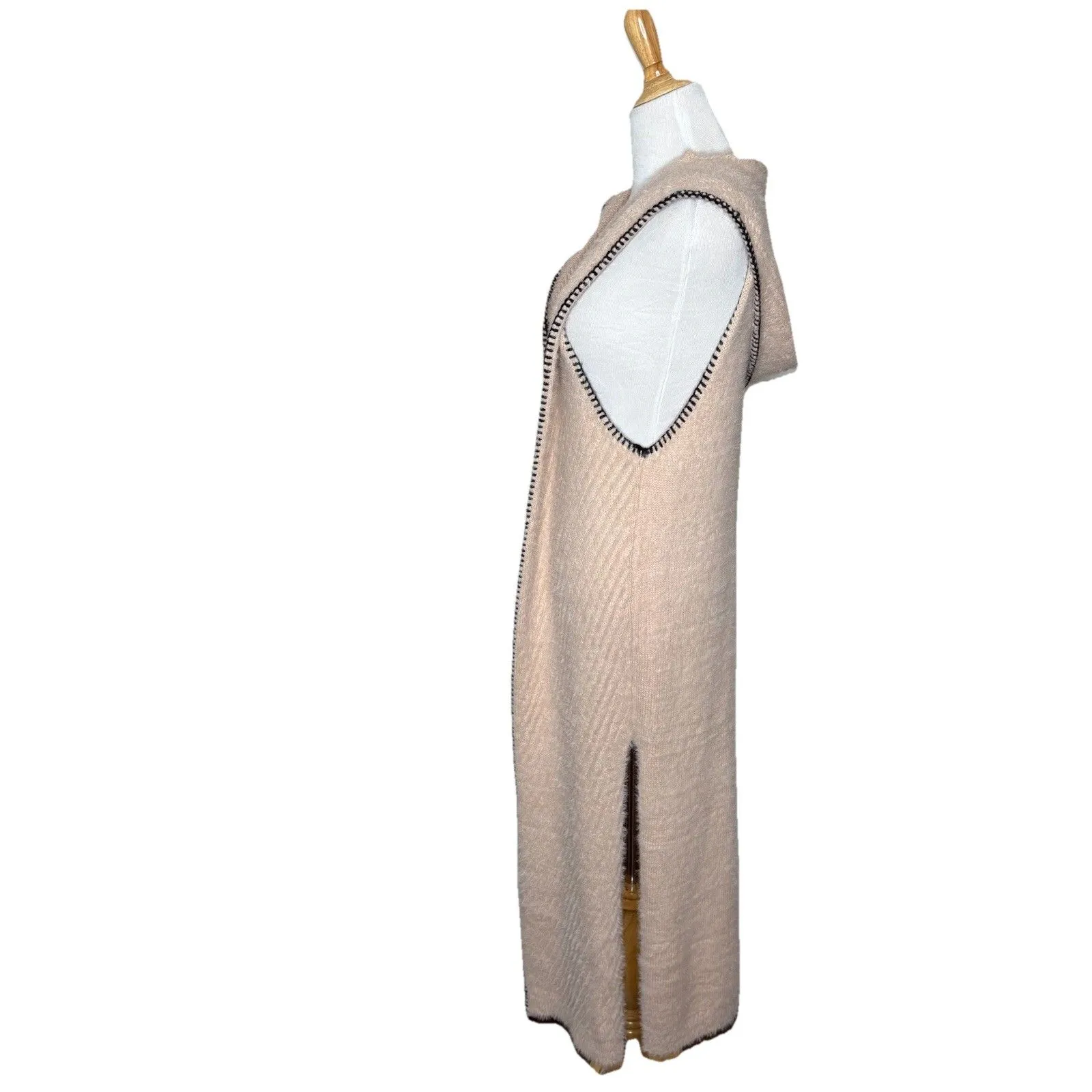 Fashion Apparel Sleeveless Fuzzy Hooded Pink Duster Sweater Vest Cardigan S/M Size M - Image 2