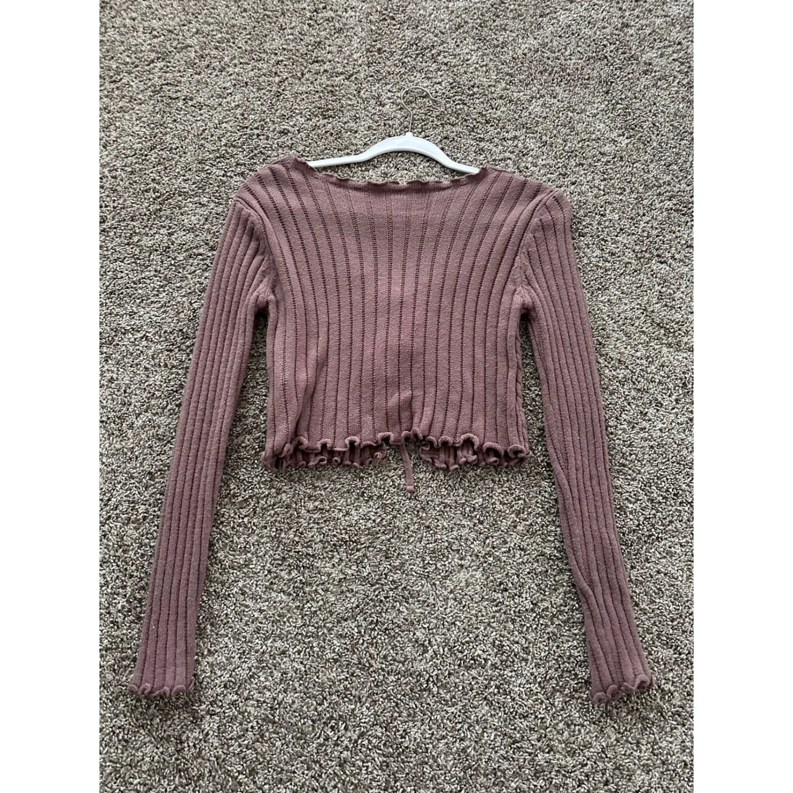 SHEIN Pink Cropped Cable Knit Tie Front Ruffle Cardigan Sweater Women Size S - Image 2