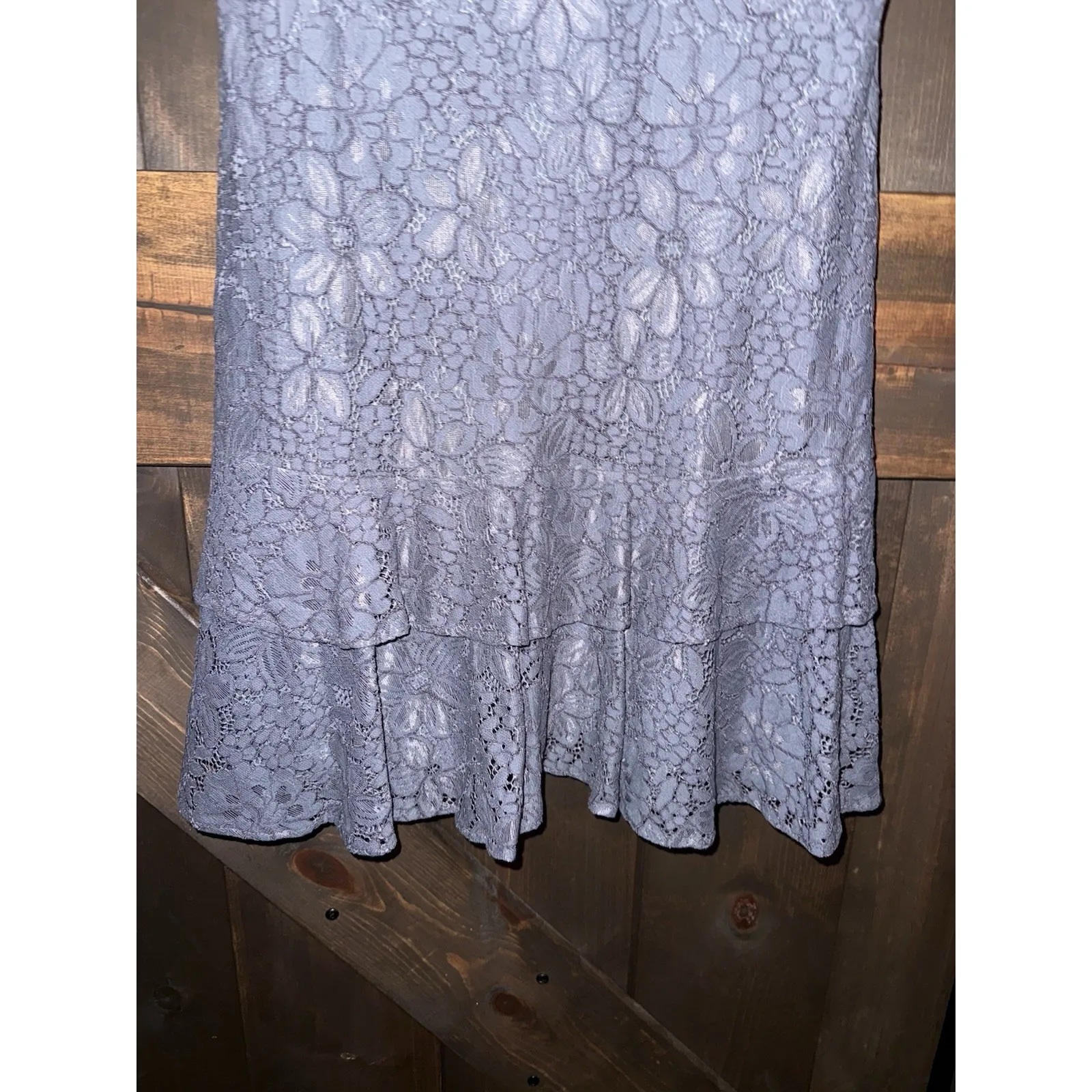 Loft Women's Size 4 Dress Blue Lace Lined Knee Length Ruffle‎ Hem Flutter Sleeve - Image 4