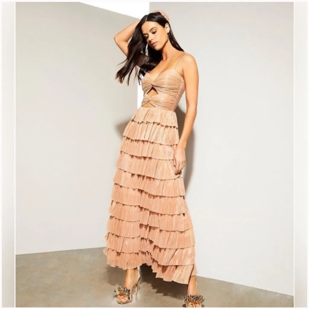 Gianni Bini Grace Metallic Plisse Sweetheart Neck Cut-Out Tiered Dress - Image 2