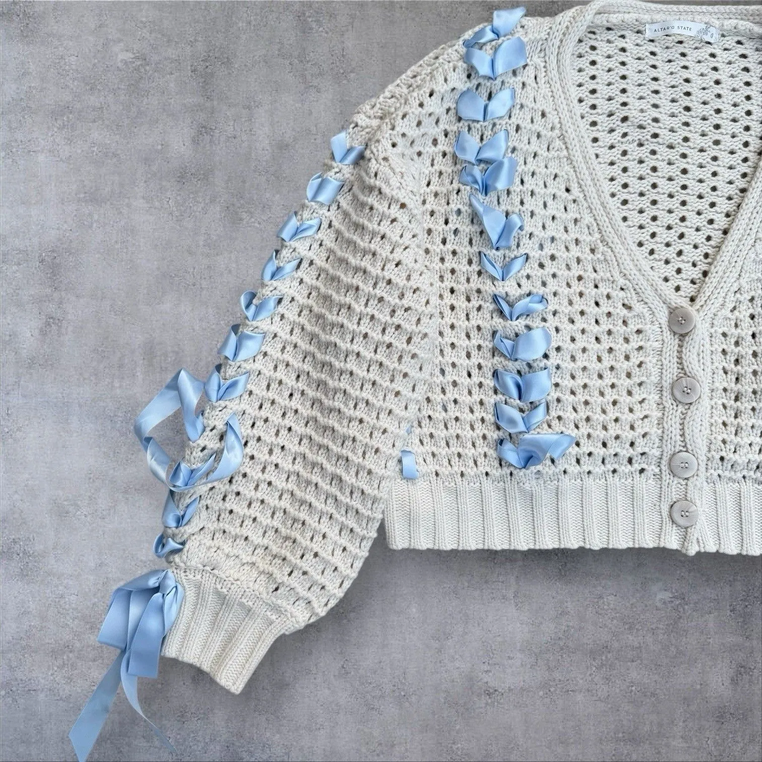 Altar'd State Ribbon Bow Cardigan Chunky Sweater Size S Oversized Fairy Coquette - Image 4