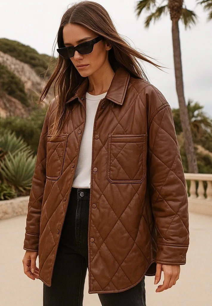 Brown Quilted Faux Leather Shacket Jacket | Oversized Quiet Luxury Layer - Image 1
