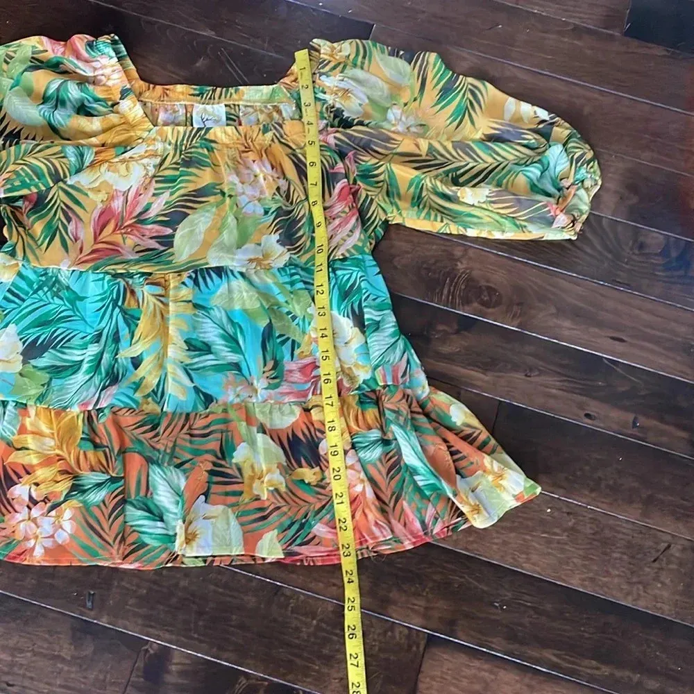 Anthropologie Fig and Flower sheer tropical print top Puff sleeves size S Flowy Yellow - Image 5