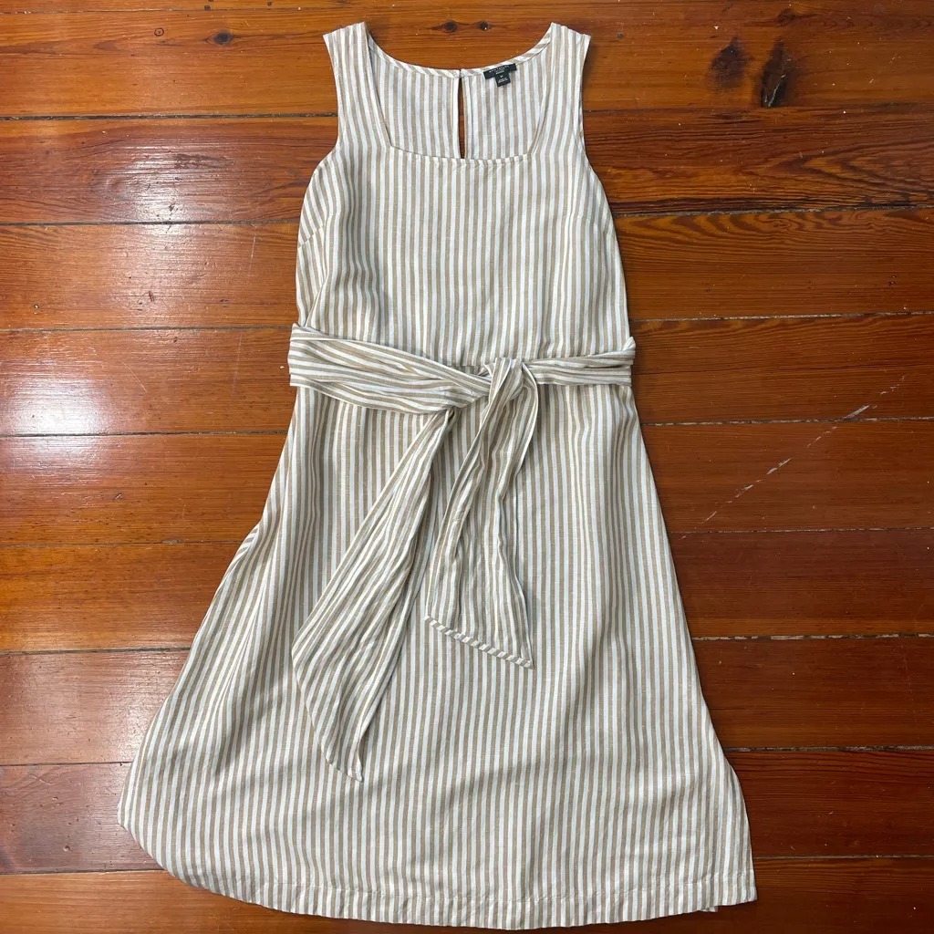 Ann Taylor Linen Blend Neutral Stripe Tie Waist Dress Small Petite 💛🍄 - Image 8