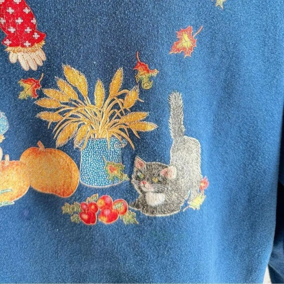 Vintage fall scarecrow sweatshirt made in USA 2X fall pumpkins cat see photos Blue Size XXL - Image 4