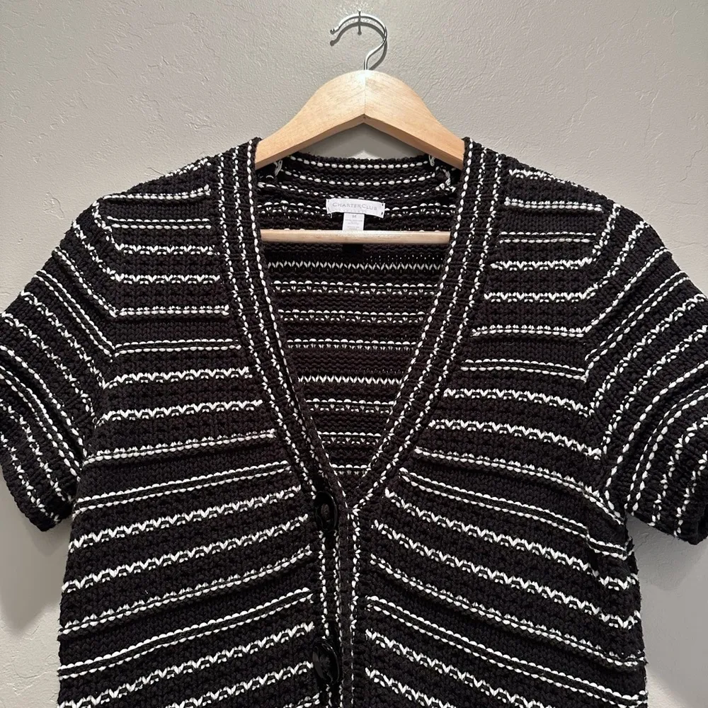 Charter Club Black White Crochet Sweater Cardigan Medium Short Sleeve V-Neck - Image 6