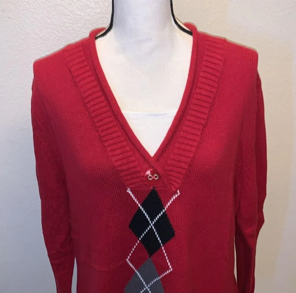 Northcrest red geometric pattern lined neck v-neck sweater - Image 2