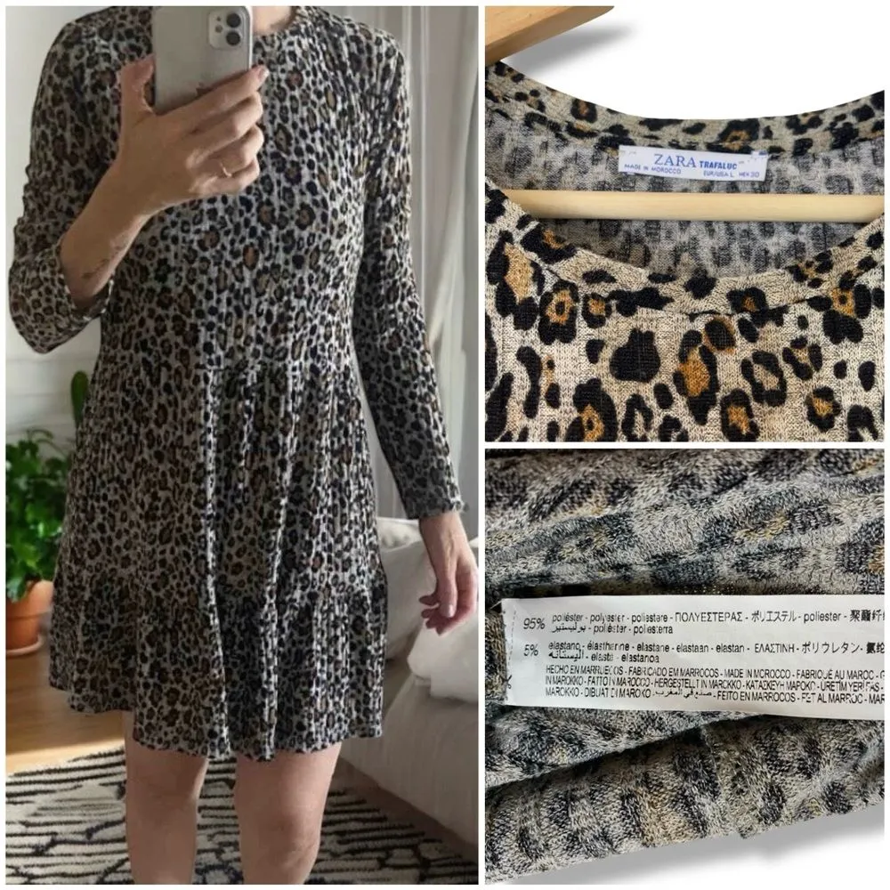 ZARA Trafaluc Knit Leopard Print Tiered Long Sleeve Mini Dress - Image 10