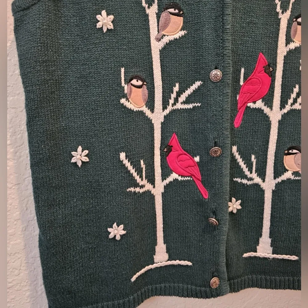 Southern Lady Knit Sweater Vest Size L Green Button up Birds Cardinal Grannycore Size L - Image 2