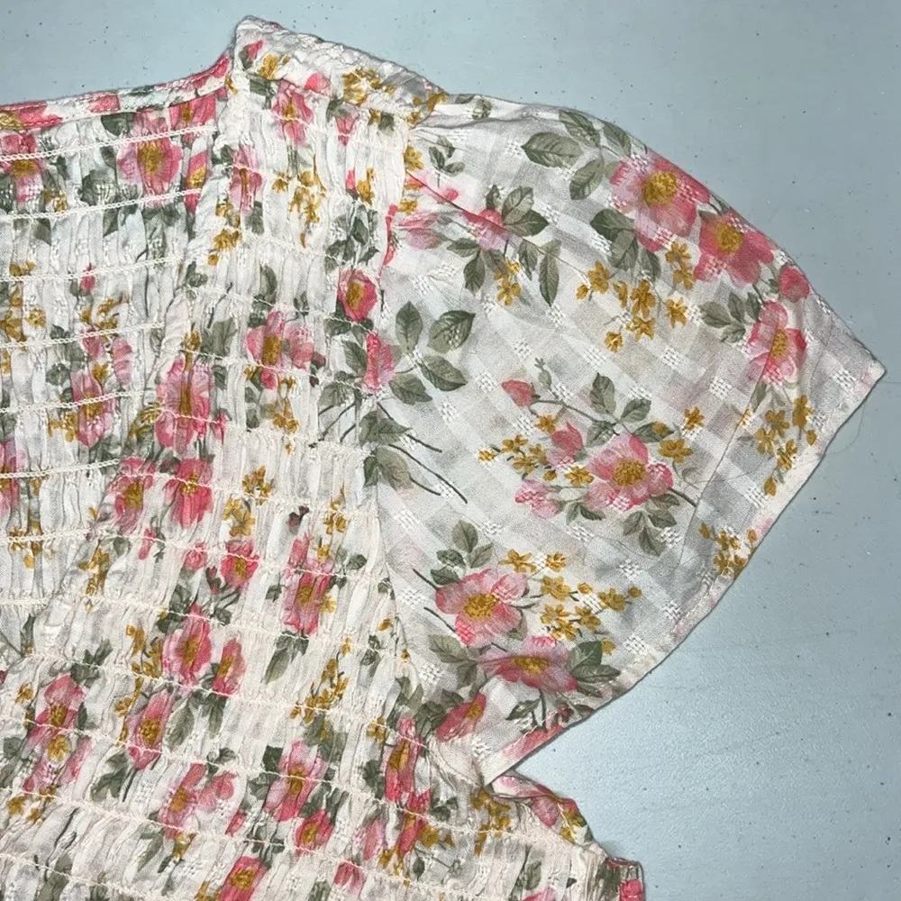 American Eagle NWT Size M Plaid - Floral Smock Elastic Peplum Hemline Cotton Top - Image 4