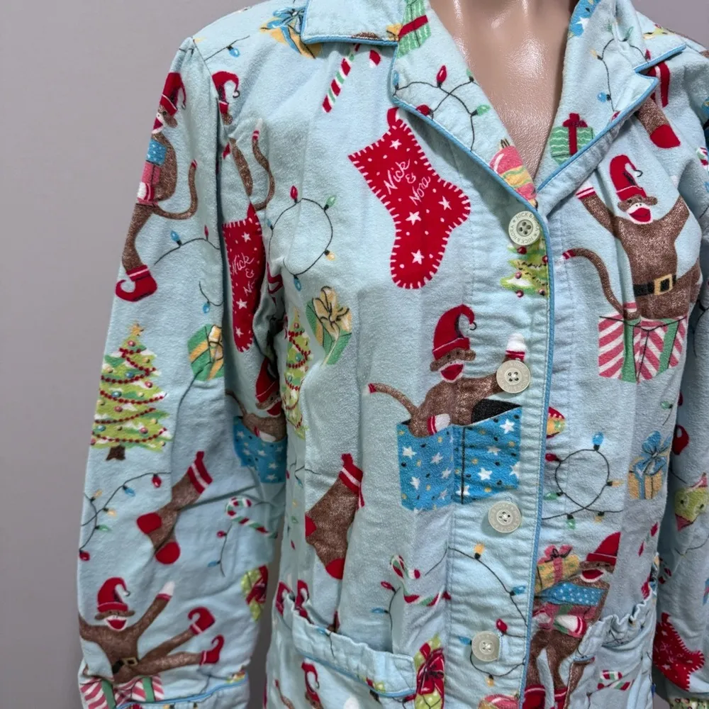 Nick & Nora Sock Monkey Christmas Pajama Top Holiday Elf Tree Stocking Present - Image 5