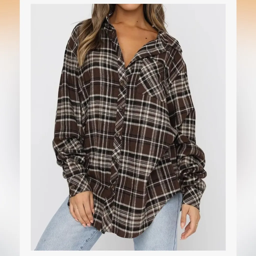 LaCozy Women’s Oversized Flannel Shirt in Brown Plaid - Image 3