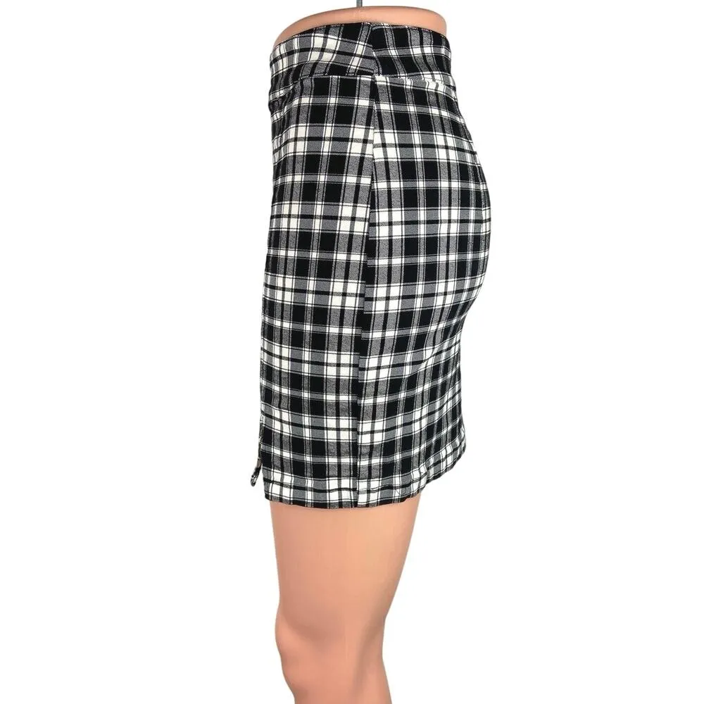 Garage Black White Retro Plaid Flannel Pencil Straight Back Zip Mini Skirt Sz S - Image 2
