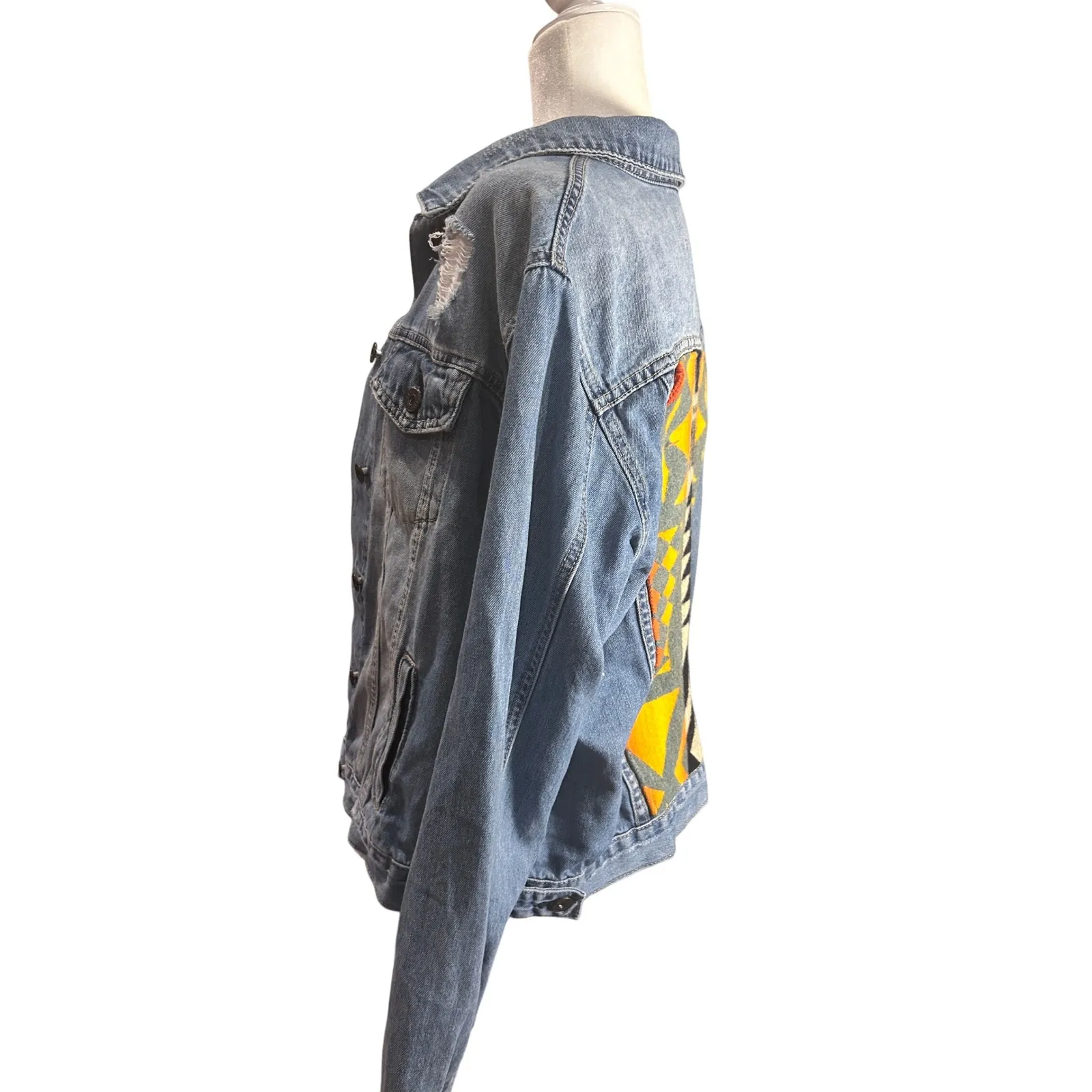Denim Jacket Aztec Blanket Back Distressed‎ Jean Coat Western Style Blue Size M - Image 4