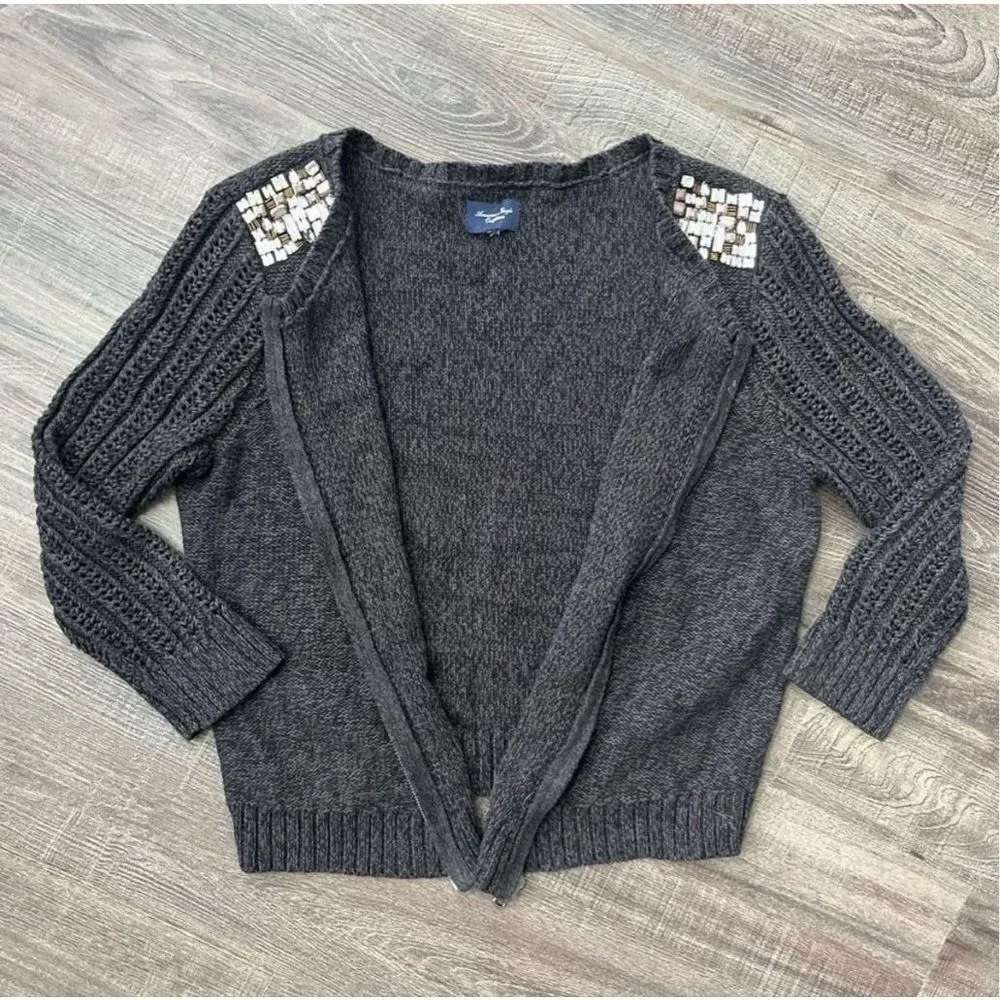 American Eagle Embellished Shoulder Zip Cardigan Sweater Sz S Women’s Grey - Image 11