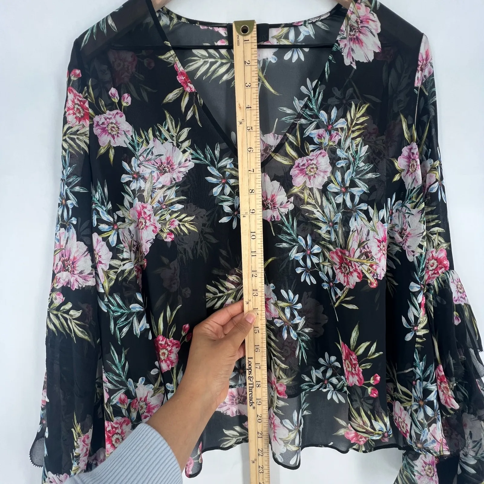 Intermix Caitlin Top Womens P Black Flower Silk Ruffled Sleeve Bohemian V Neck - Image 9