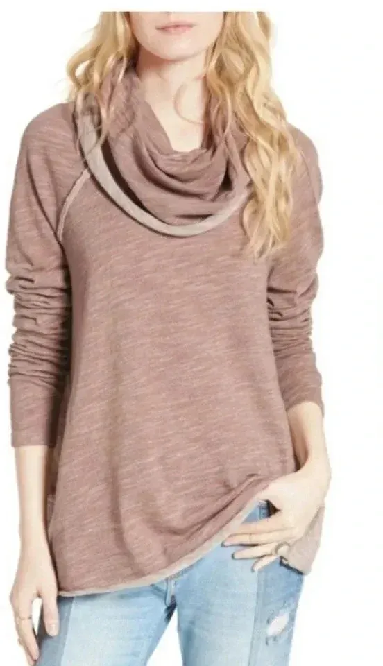 Free People Beach Cocoon Cowl Neck Pullover Heathered Brown Sz M/L Raglan Sleeve - Image 1