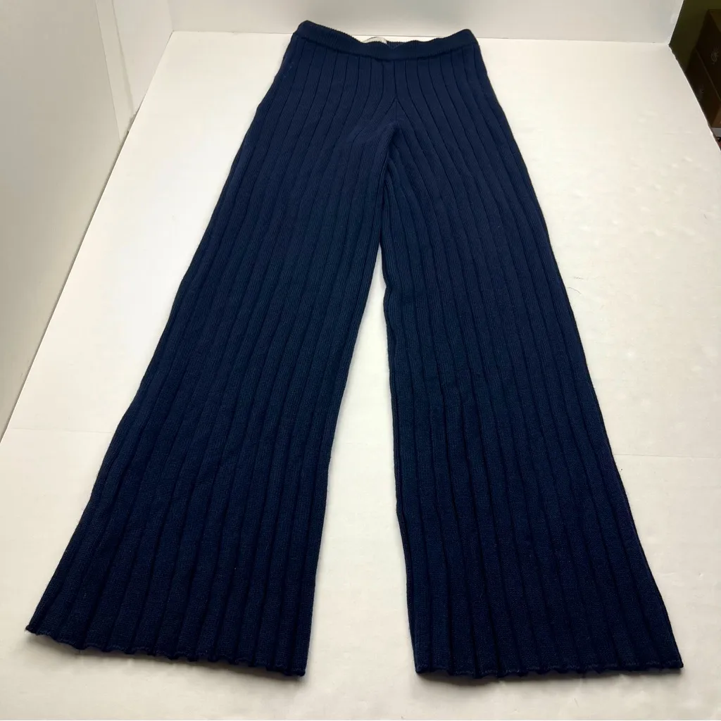 St. John Womens Knit Wide Leg Ribbed Pants Small Navy Blue 100% Wool Preppy - Image 1