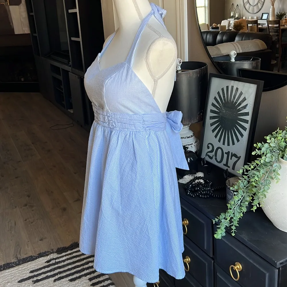 LAUREN JAMES Stratton Seersucker Halter Dress Light Blue & White Size Medium - Image 6
