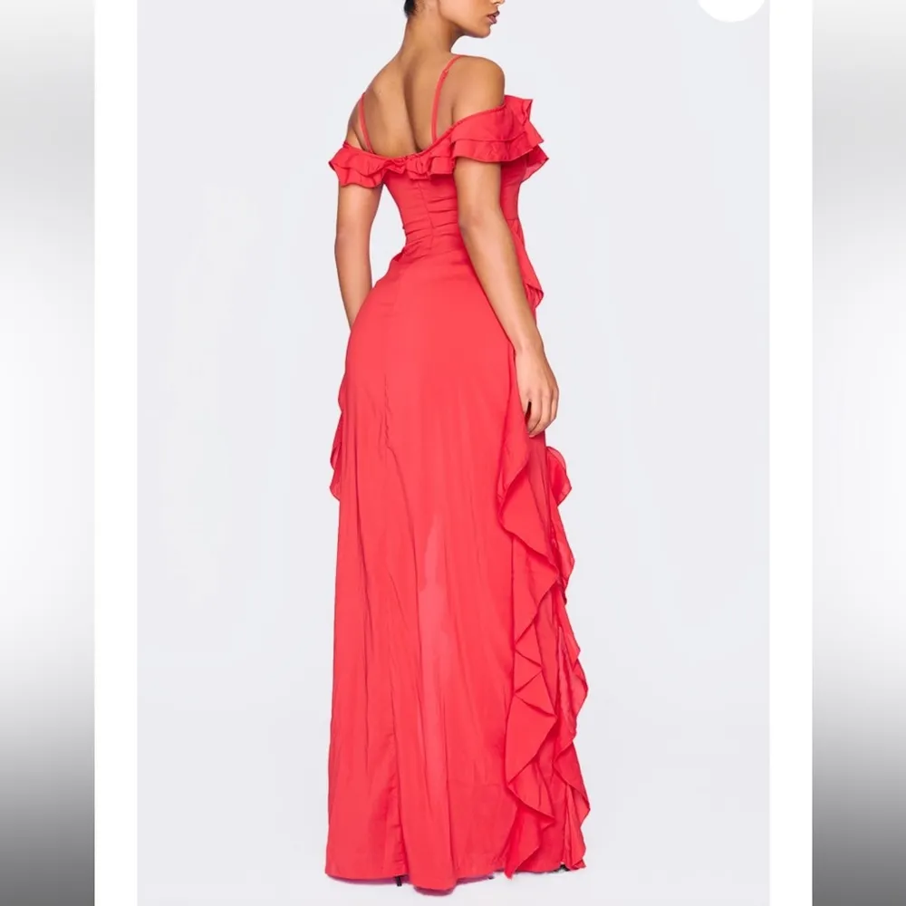 Pretty little thing red cold shoulder ruffle detail maxi dress - Image 11