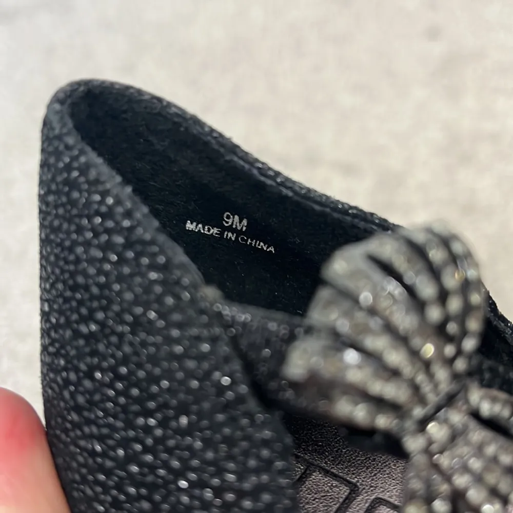 Moda Spana Size 9 Black Sparkly Studded D'Orsay Strappy Peep Toe Heels with Bow - Image 7