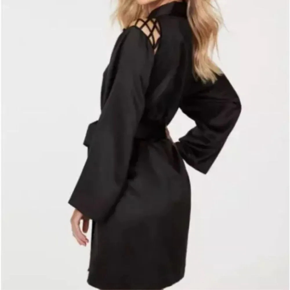 Frederick's of Hollywood Black Satin Sexy Summer Lattice Lacing Robe Small NWT $ - Image 3