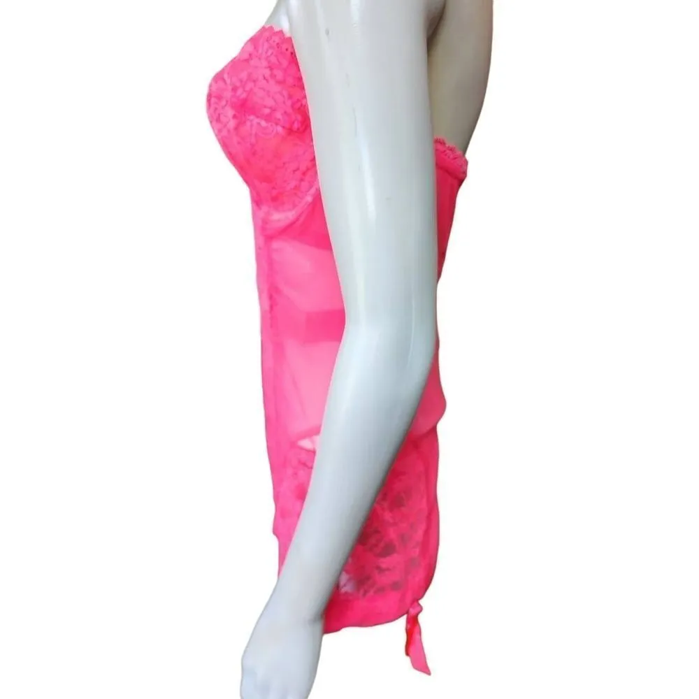Victoria's Secret Bright Pink Lace & Mesh Strapless Babydoll (36D) - Image 3