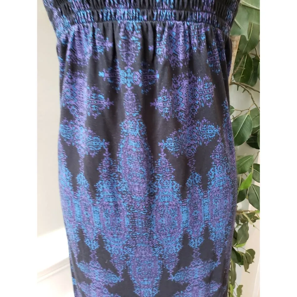 Gap Smocked Long Maxi Dress Women's Small Black Blue Geo Print Off The Shoulder - Image 4