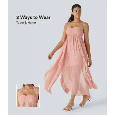 NWT Halara Tube Tie Back Draped Ruffle Flowy Maxi Dress size L Pink - Image 3