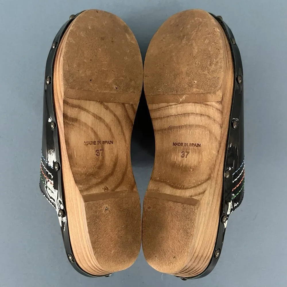 Penelope Chilvers Patent Leather Dark Green Stitched Clogs Size 6 - Image 9