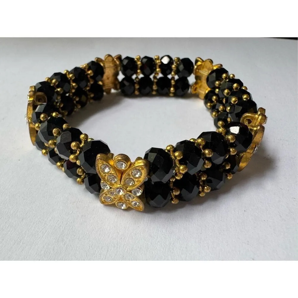 Y2K Vintage Butterfly Black Gold Tone Stretchy Rhinestone Beaded Bracelet 90s - Image 3
