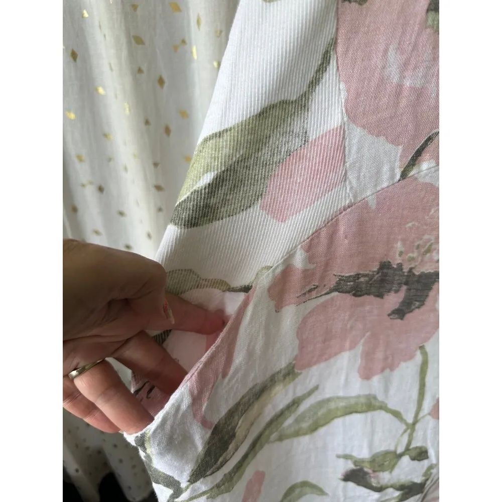 Me & Gee Made With Love 100% Linen Sheer Floral Front Open Pockets Shift Dress S - Image 4