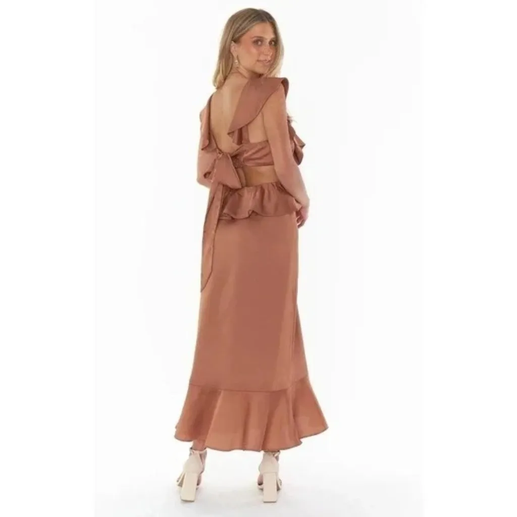 Show Me Your Mumu Zoey Midi Wedding‎ Guest Bridesmaid Dress Copper Luxe Satin M - Image 2