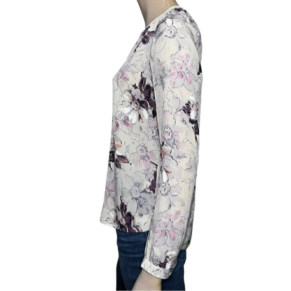 Rebecca Taylor Women’s Size 4 Pale Gray Purple Floral Long Sleeve Pop Over Top - Image 3