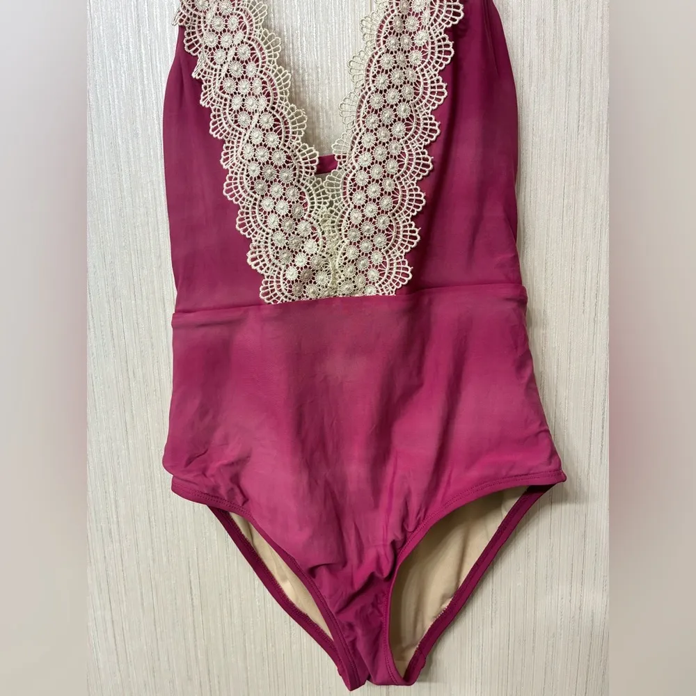 Sea Angel Swimsuit Lace Trim Floral V-Neck Medium - Image 2