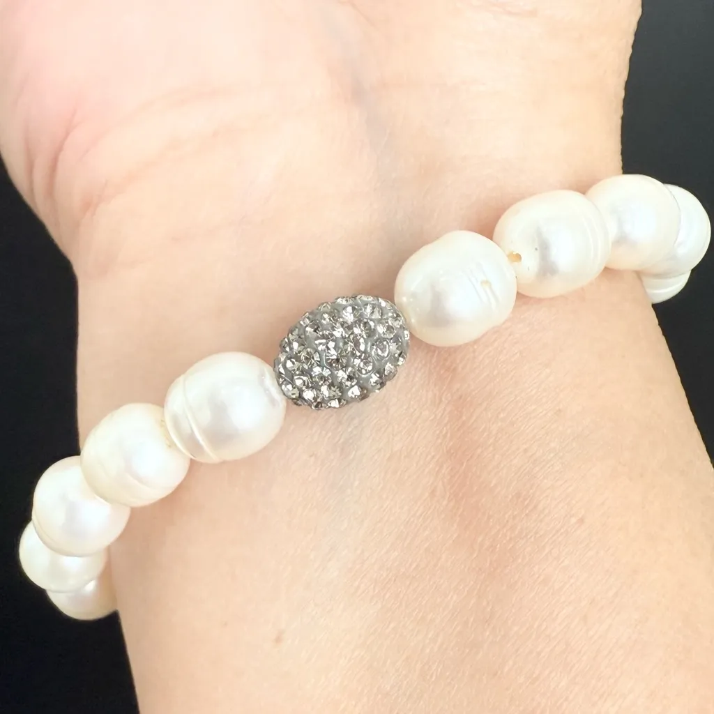 Natural Freshwater Cultured Pearl Disco Ball Crystal Beads Stretch Bracelet White - Image 5