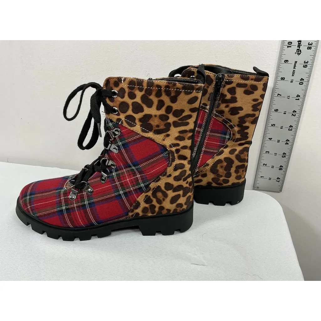 Womans Rouge Ankle Boots Chunky 10 M Plaid Animal Print Lace Up Zip Up Red - Image 4