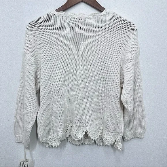 Vintage Cottagecore Crochet Sweater Loose Knit Rose Applique Floral Grannycore White Size L - Image 9