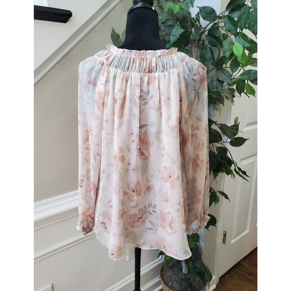 Aura Women Beige Floral 100% Polyester Round Neck Long Sleeve Top Blouse Size S - Image 8