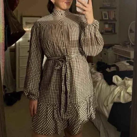 VICI Sweet‎ Autumn Plaid Belted Long Sleeve Mini ShirtDress Brown & Cream Large - Image 3