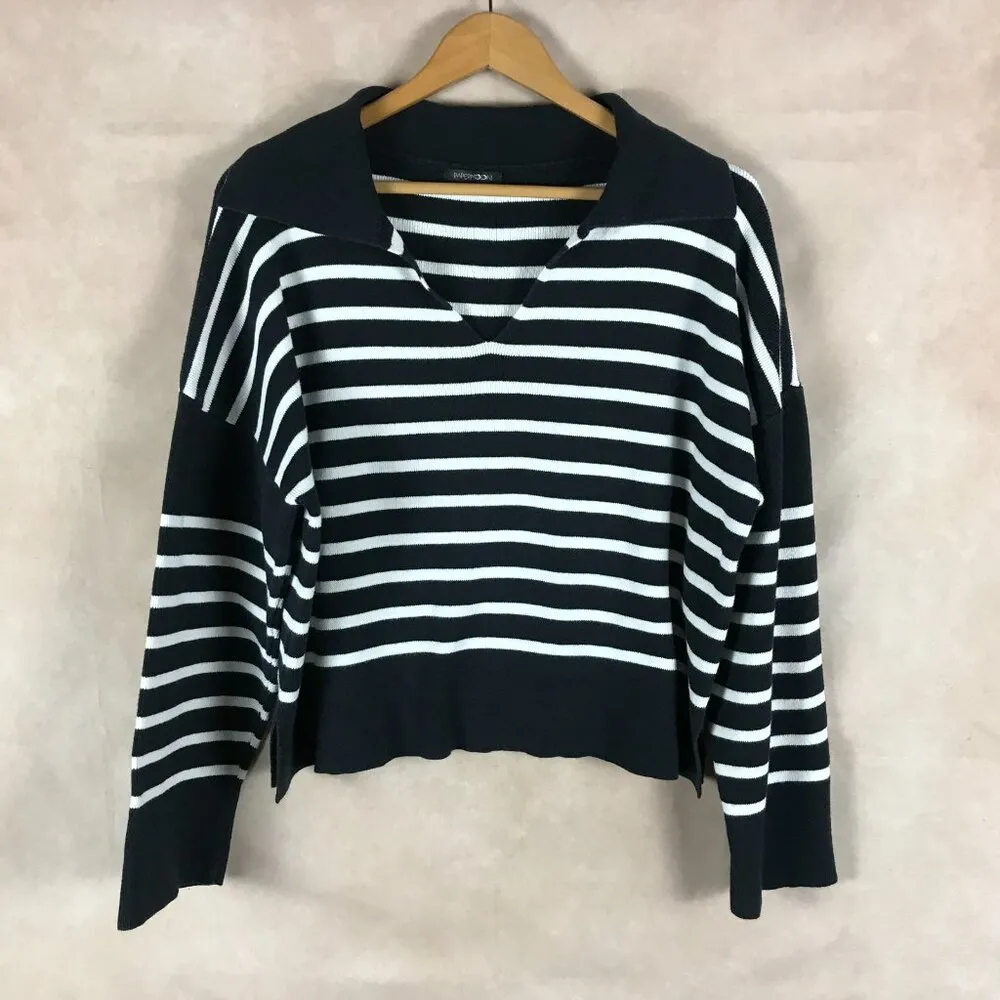PaperMoon  Black/White Striped Cotton Polo Sweater Size Large - Image 3
