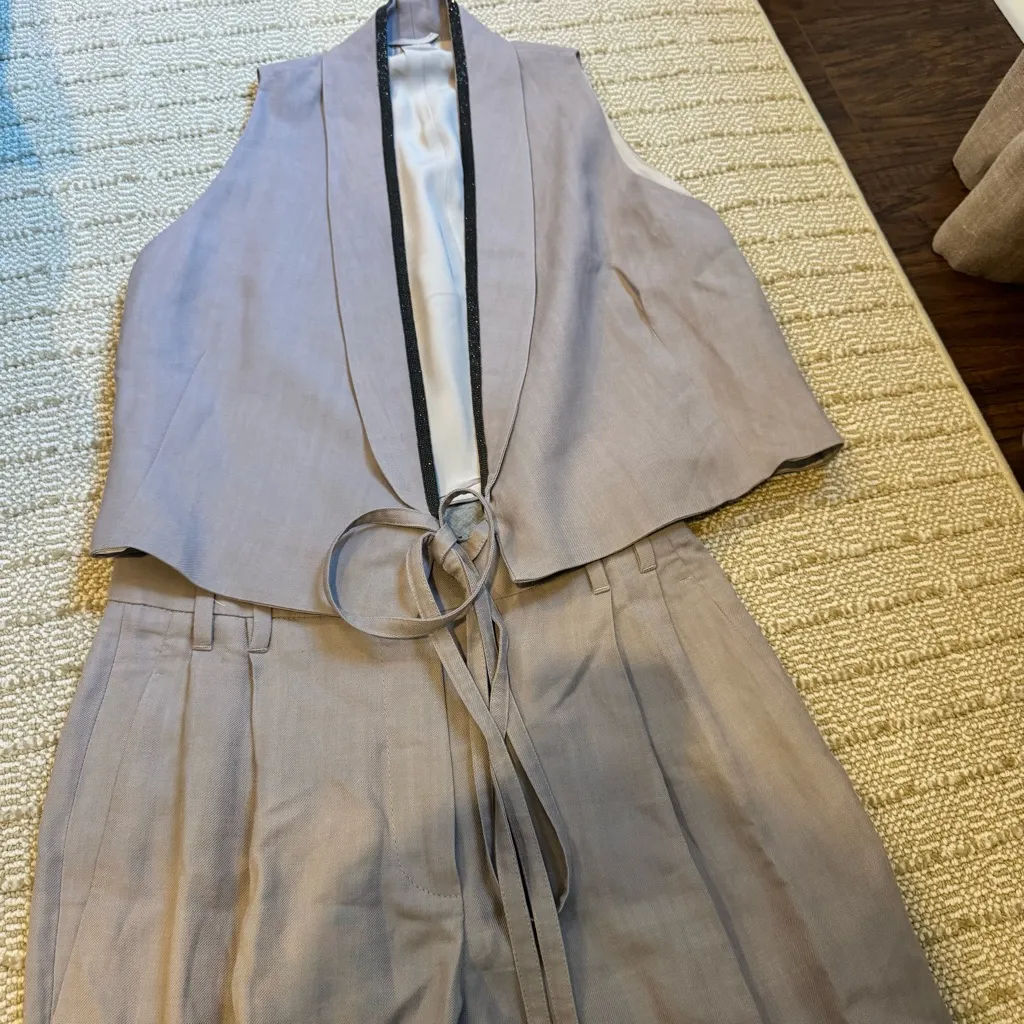 Brunello Cucinelli cropped silk-linen gilet jacket and matching pants | size 2 - Image 4
