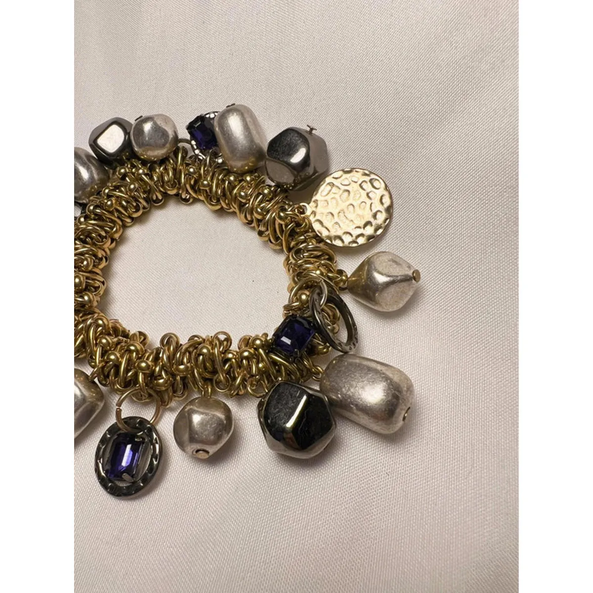 Vintage Gold Tone Boho Elastic Stretchy Charm Bracelet with Purple Rhinestones - Image 5