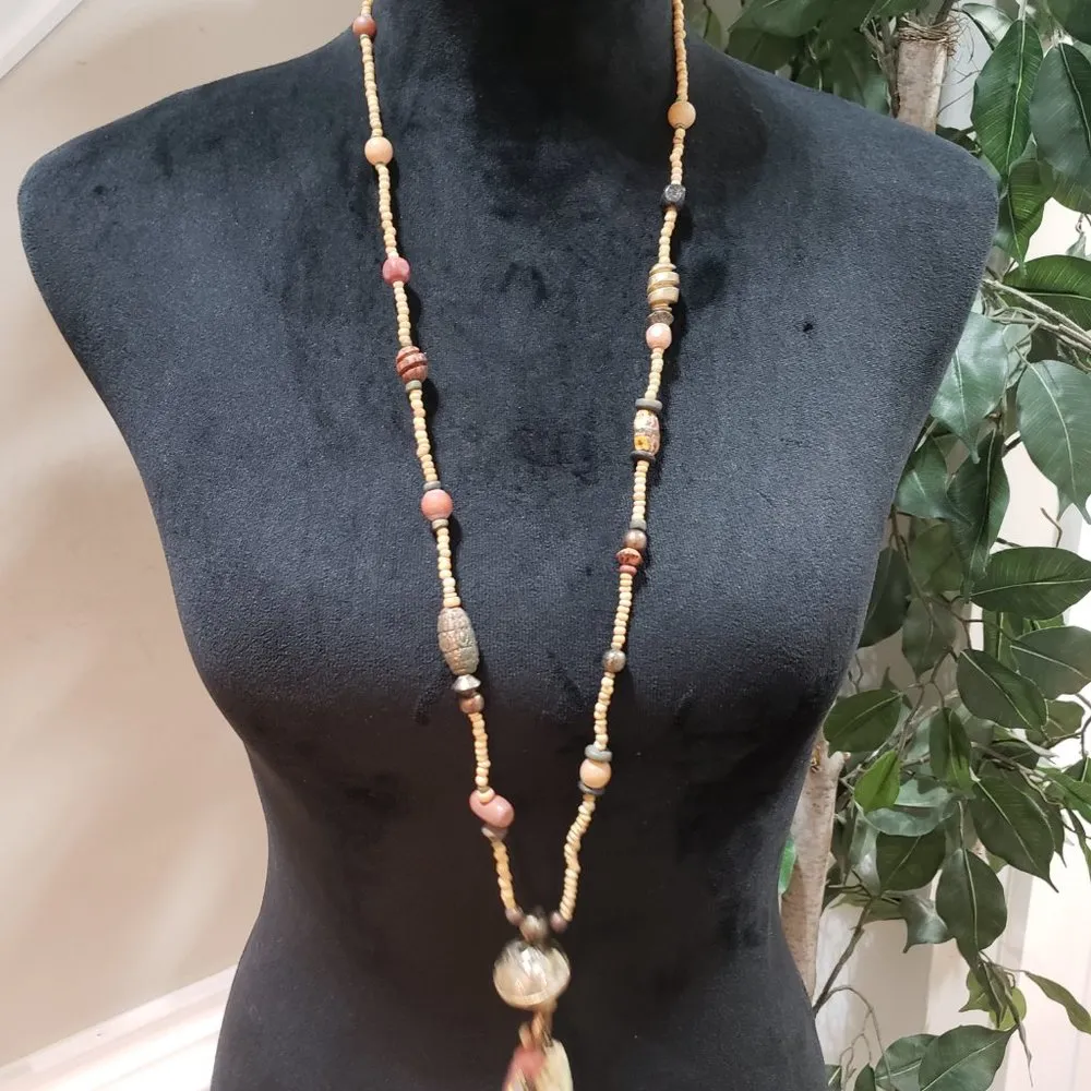 Womens Fashion Multi Wood Beaded Brass Tassel Statement Long Strand Necklace Brown - Image 2