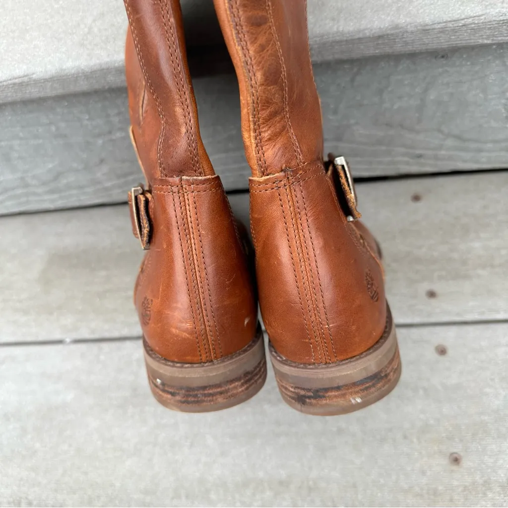 Timberland EK Savin Hill Brown Leather Tall Riding Boots Buckles Elastic - Image 3